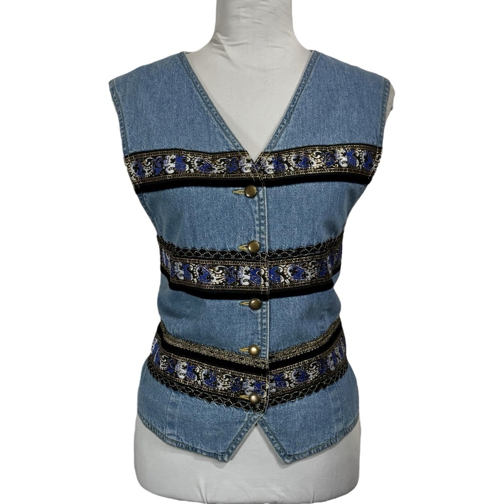 Vintage Lizwear Embroidered Denim Vest Size L Western Grunge Boho 90s Waistcost‎